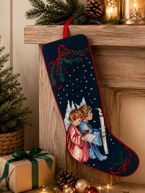 Vintage 1991 Imperial Elegance Needlepoint Christmas Stocking Angels Wool